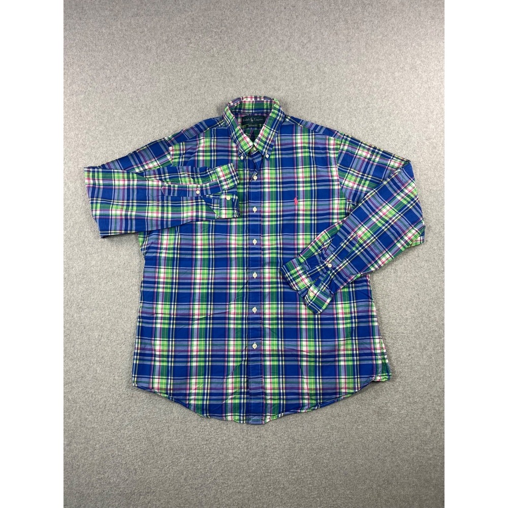 Vintage Polo Ralph Lauren Oxford Plaid Shirt Mens XL Blue Green Button Down